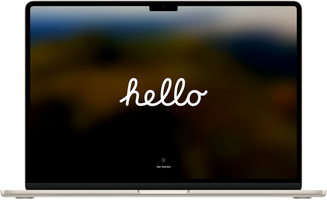 Um MacBook Air aberto, com a palavra “hello” na tela.