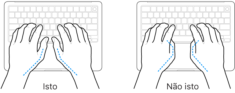 Mãos posicionadas sobre um teclado, mostrando os alinhamentos correto e incorreto dos polegares.