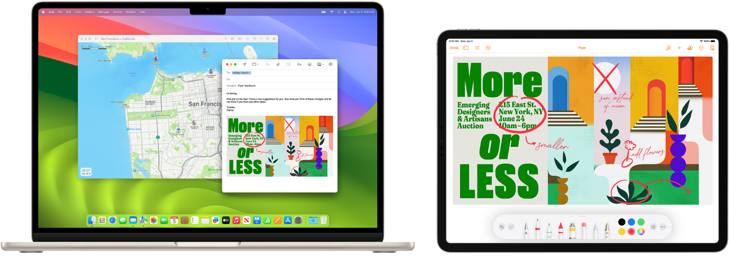 Um MacBook Air e um iPad lado a lado. O ecrã do iPad mostra um panfleto com anotações. O ecrã do MacBook Air tem uma mensagem do Mail com um panfleto anotado do iPad como anexo.