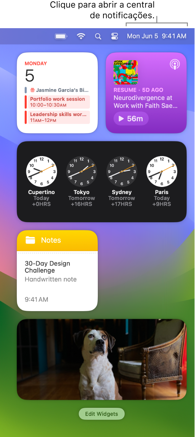 A central de notificações com notificações e widgets para as aplicações Fotografias, Casa, Calendário e Tempo de ecrã.