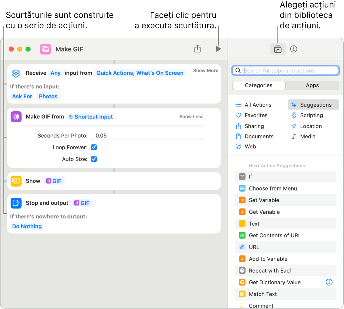 Editorul de scurtături Creare GIF în stânga și biblioteca de acțiuni în dreapta.