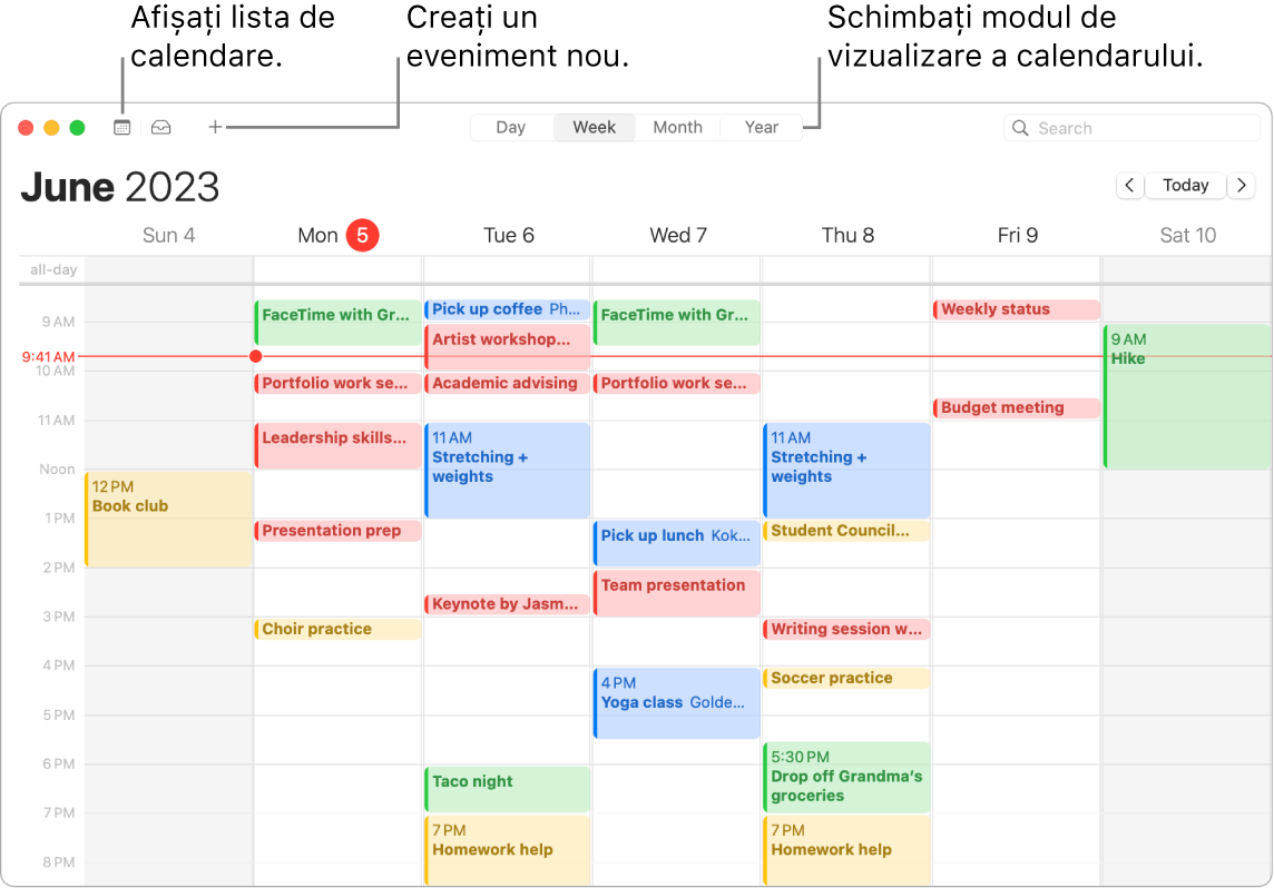 O fereastră Calendar care afișează lista calendarelor, cum să creați un eveniment și cum alegeți vizualizarea Zi, Săptămână, Lună sau An.