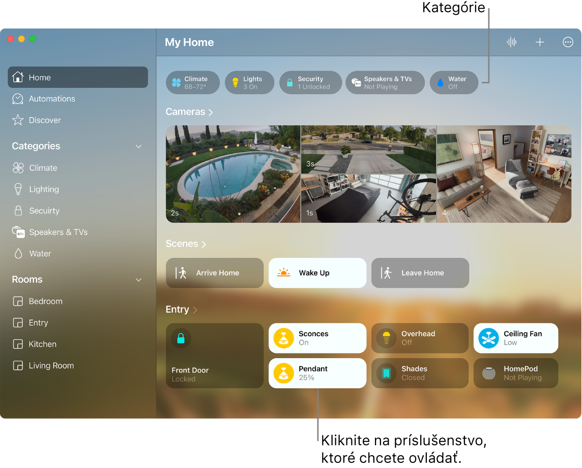 Aplikácia Domácnosť zobrazujúca kategórie, obľúbené scény a príslušenstvo.