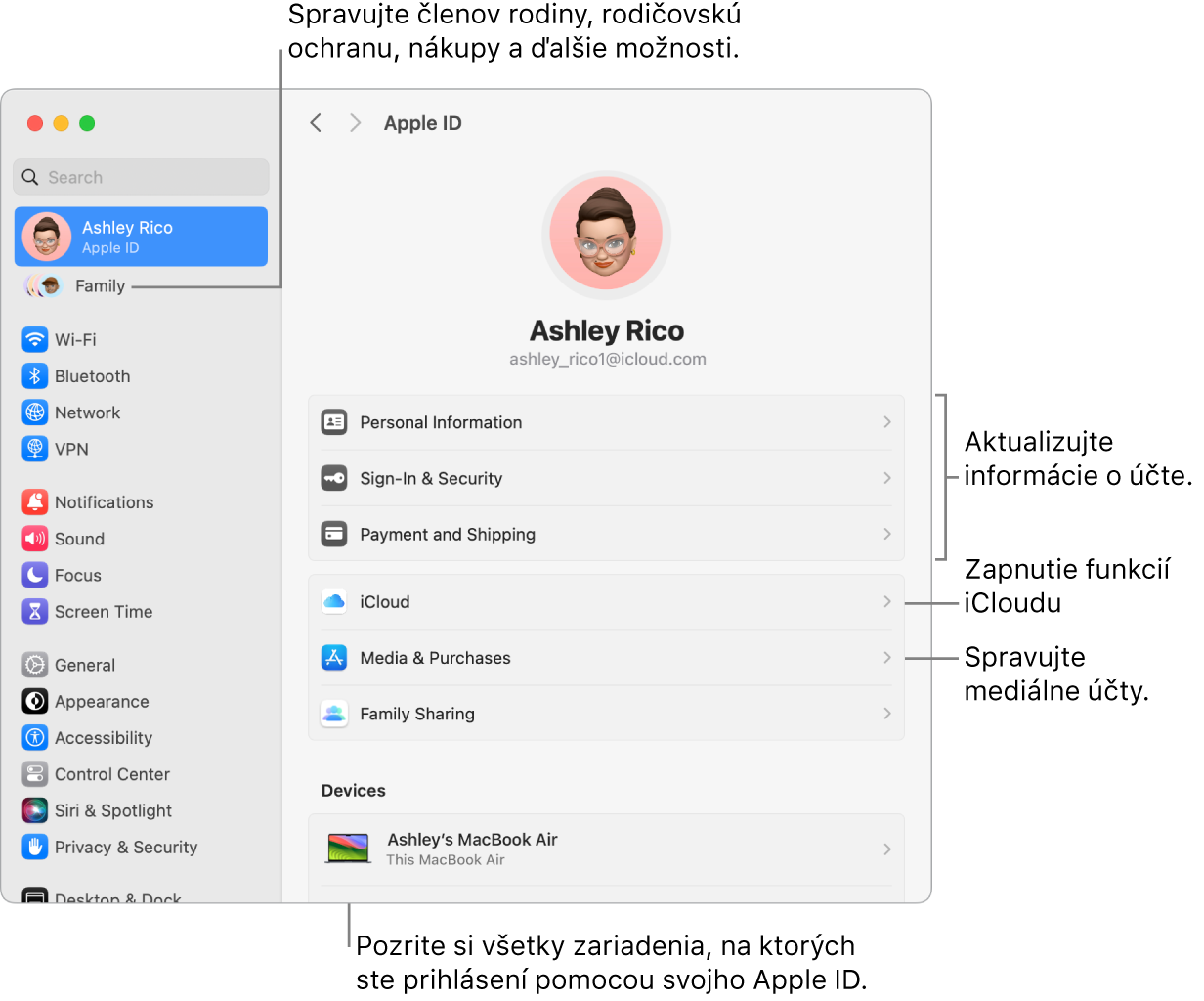 Nastavenia Apple ID v Systémových nastaveniach s popismi na aktualizáciu informácií o účte, zapnutie alebo vypnutie funkcií iCloudu, správu mediálnych účtov a položku Rodina, kde môžete spravovať členov rodiny, rodičovskú ochranu, nákupy a ďalšie možnosti.