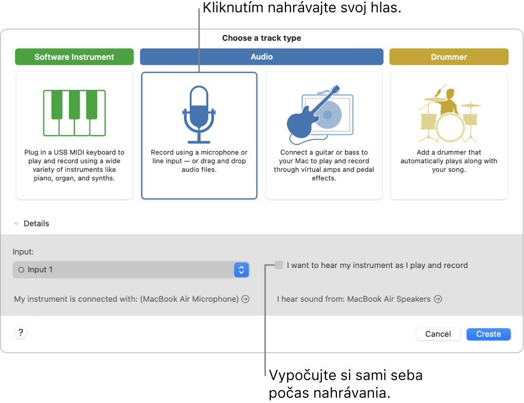 Panel s nástrojmi aplikácie GarageBand s položkou, na ktorú treba kliknúť, ak chcete nahrávať hlas, a so znázornením, ako si vypočujete, čo nahrávate.