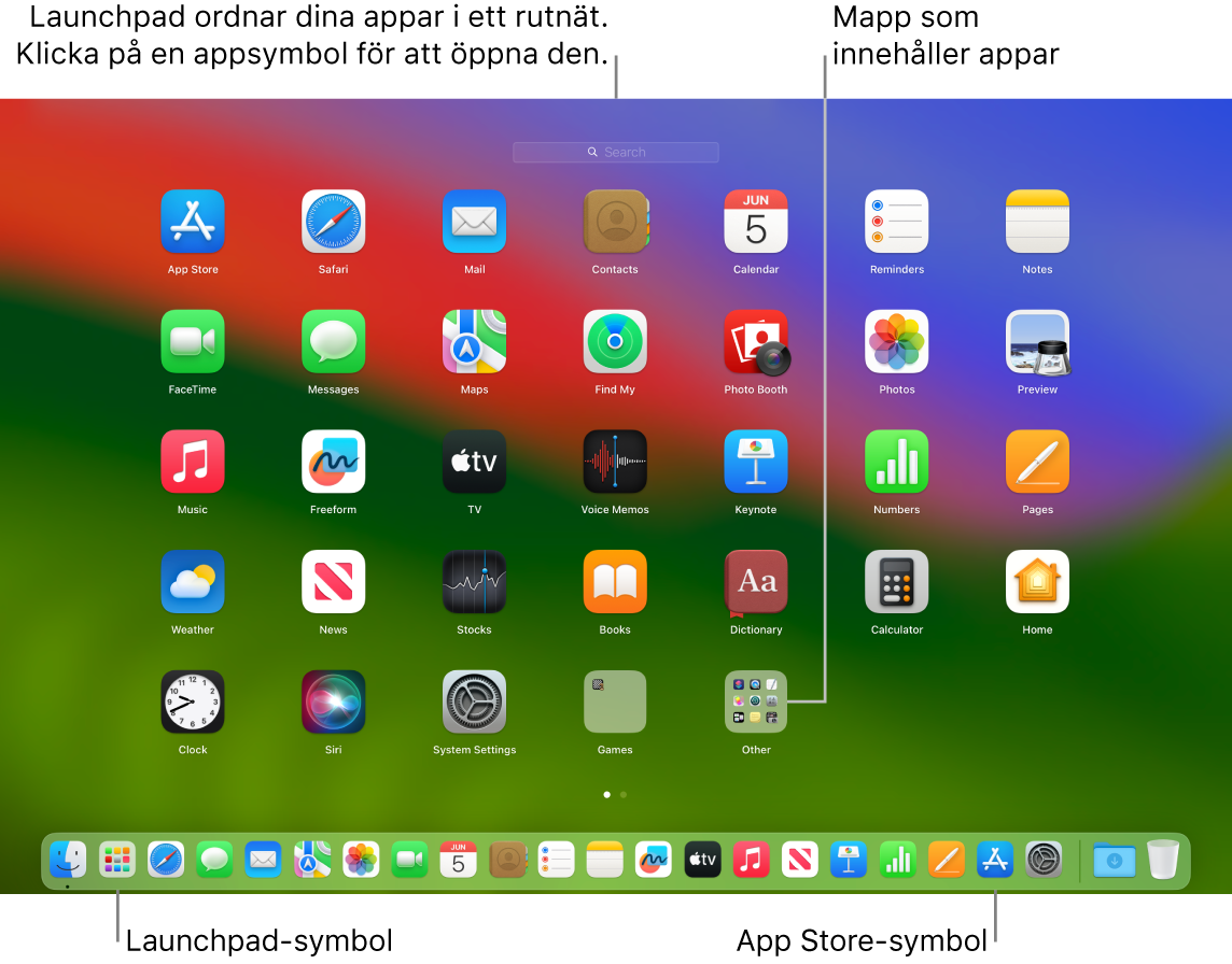 En Mac-skärm med Launchpad öppet som visar en mapp med appar i Launchpad och symbolerna för Launchpad och App Store i Dock.