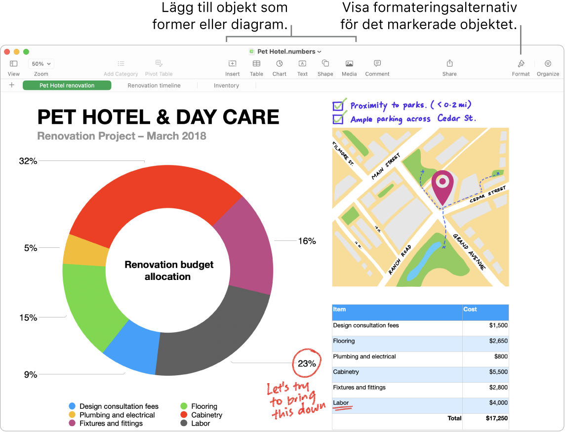 Ett Numbers-fönster som visar verktygsfältet med redigeringsverktyg överst, samarbetsknappen uppe till höger och knapparna för format och organisering till höger.