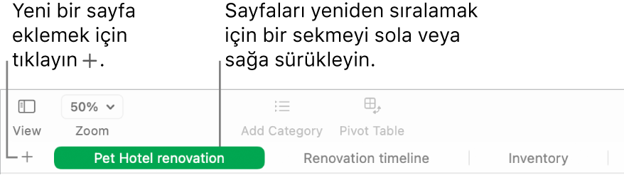 Nasıl yeni sayfa ekleyeceğinizi ve sayfaların sırasını değiştirebileceğinizi gösteren Numbers penceresi.