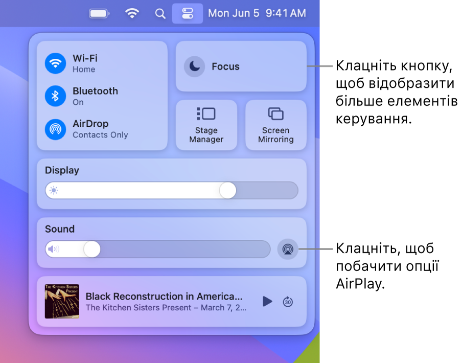 Збільшений вигляд Центру керування на Mac з виноскою кнопки «Дисплей».