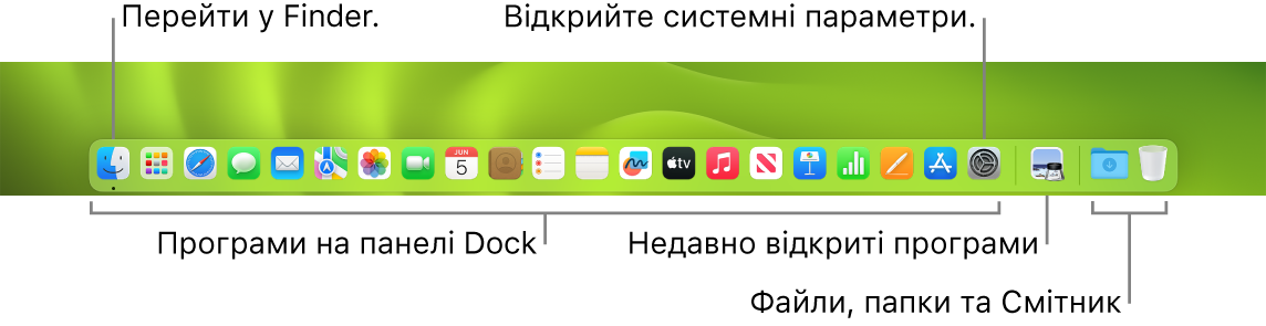 Панель Dock, Finder і Системні параметри та роздільник, що відокремлює програми від папок і файлів на панелі Dock.