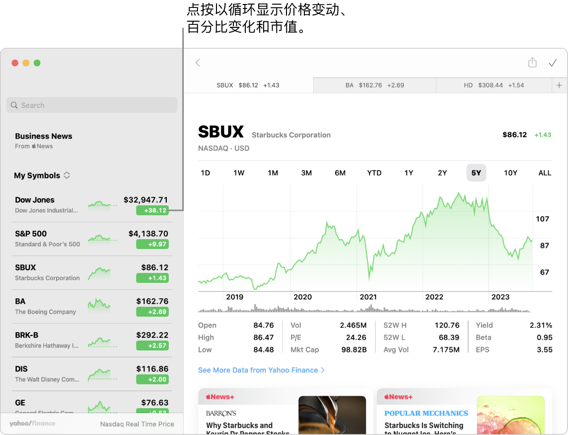 “股市”屏幕，显示所选股票的相关信息和报道，以及标注“点按以循环显示价格变动、百分比变化和市值”。