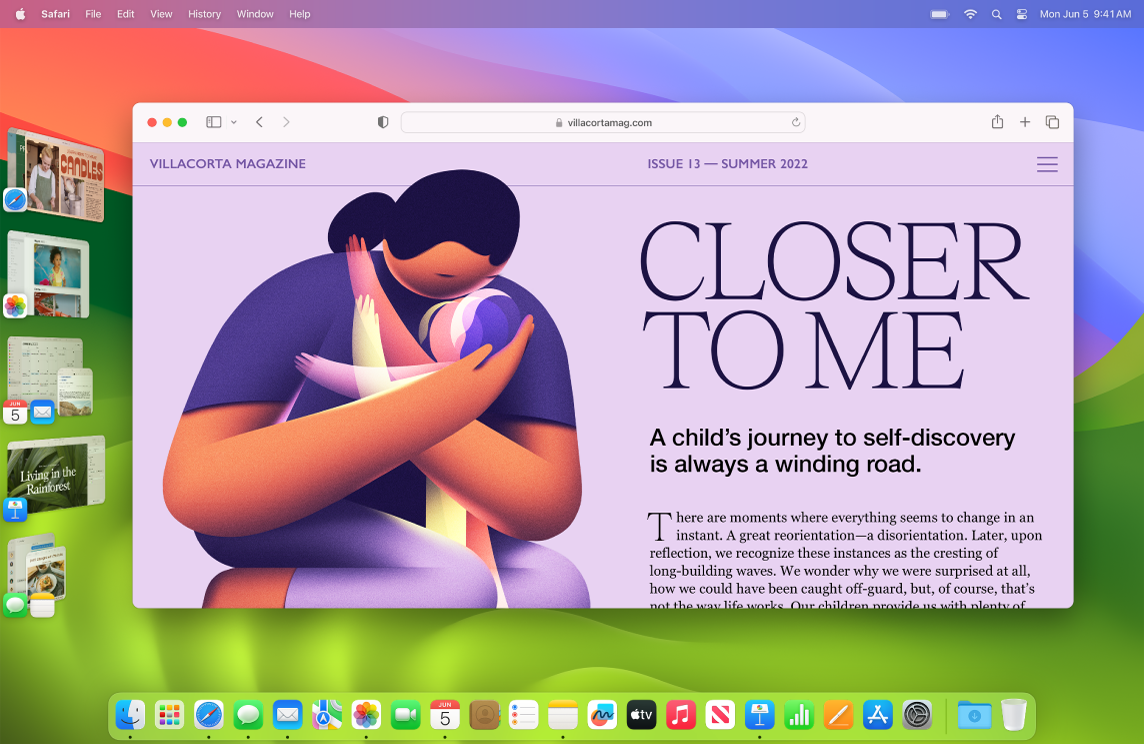 显示 Safari 浏览器位于中间,其他通过“台前调度”打开的 App 位于左边的屏幕。