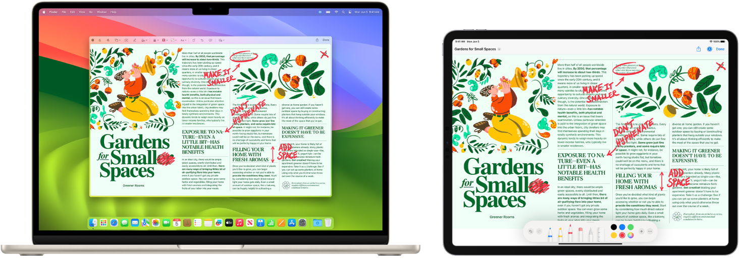 一台 MacBook Air 和一台 iPad 并排摆放。MacBook Air 上 Illustrator 导航器窗口中显示艺术作品。iPad 上 Illustrator 文稿窗口中显示同一作品,周围排列着工具栏。