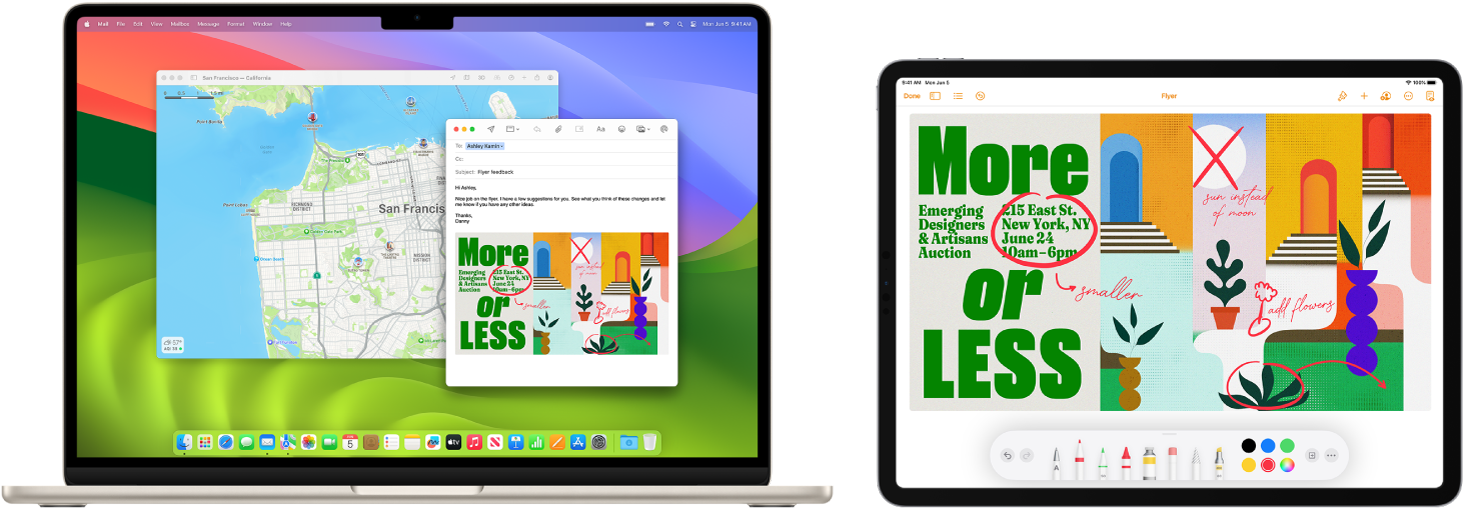 并排显示的 MacBook Air 和 iPad。iPad 屏幕显示带有注解的传单。MacBook Air 屏幕显示“邮件”信息,其中附件为来自 iPad 的带注解的传单。
