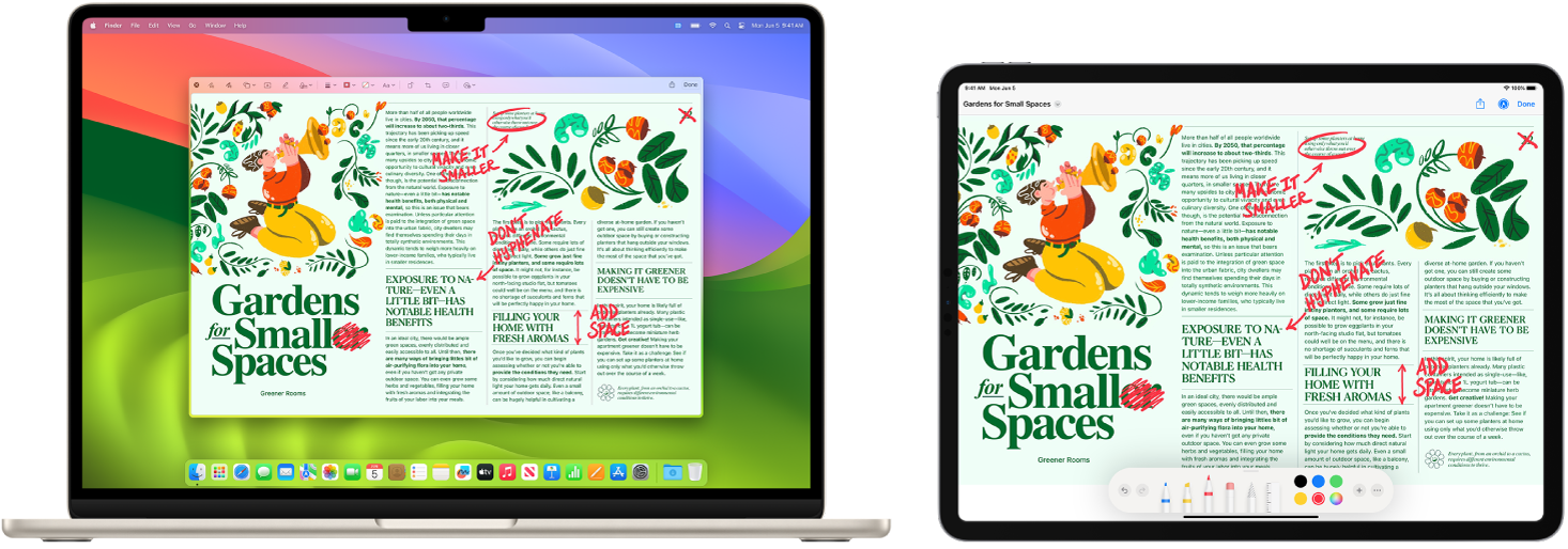 MacBook Air 和 iPad 並排放置。MacBook Air 在 Illustrator 的導覽器視窗中顯示藝術作品。iPad 在 Illustrator 的文件視窗中顯示相同的藝術作品，周圍是工具列。