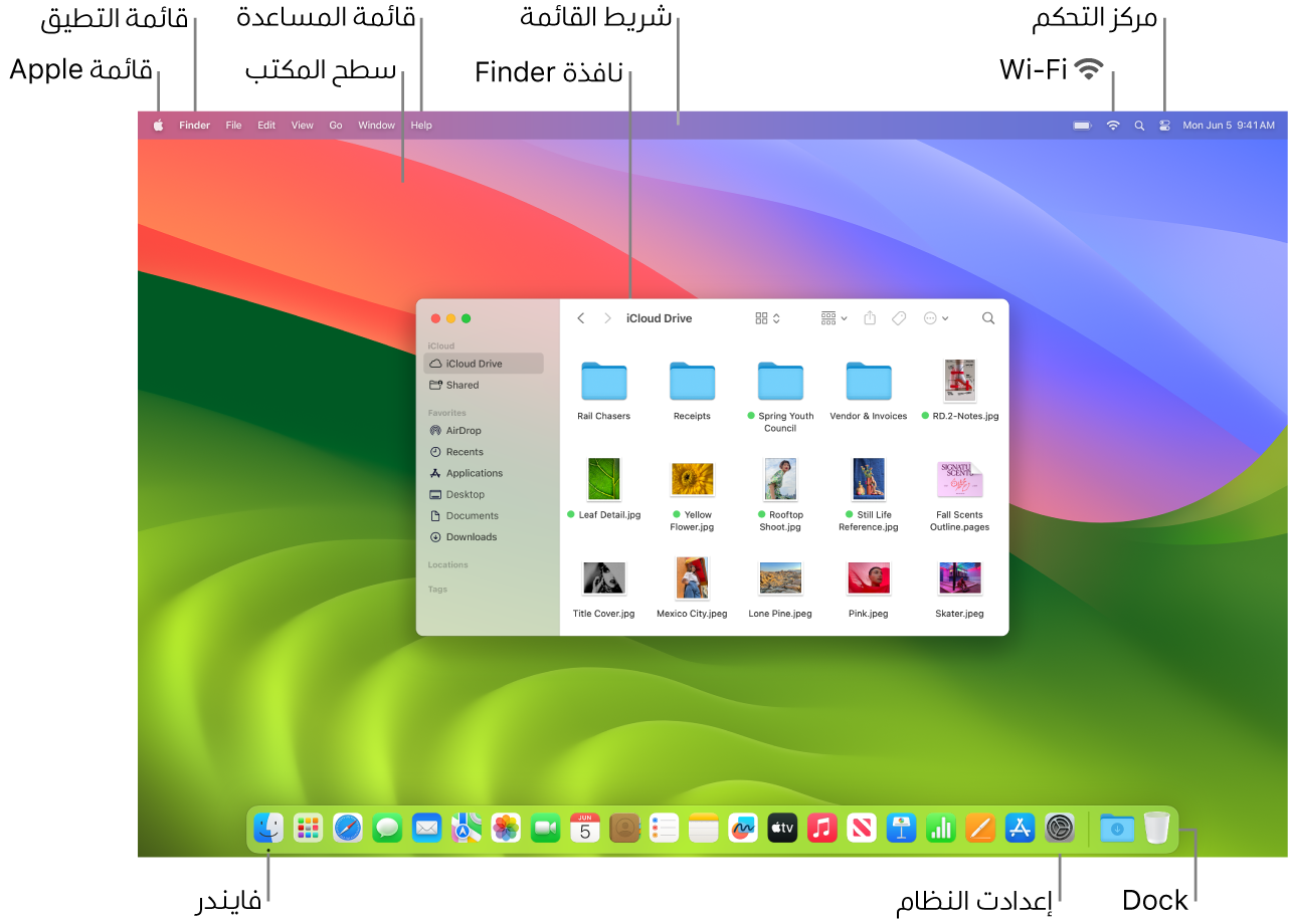 شاشة Mac تعرض قائمة Apple وسطح المكتب وقائمة المساعدة ونافذة فايندر وشريط القائمة وأيقونة Wi-Fi وأيقونة مركز التحكم وأيقونة فايندر وأيقونة إعدادات النظام وشريط الأيقونات.