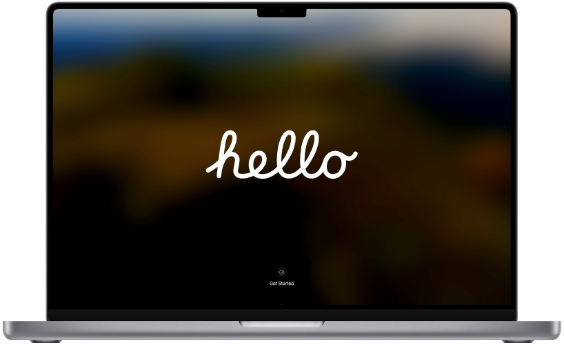 جهاز MacBook Pro مفتوح مع كلمة الترحيب "مرحبًا" وزر مكتوب عليه "بدء" على الشاشة.