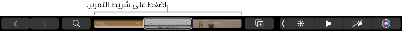 الـ Touch Bar الخاص بتطبيق Safari ويظهر فيه زرا الخلف والأمام، وزر البحث، ومؤشر علامات التبويب، وزر إضافة إشارة مرجعية.