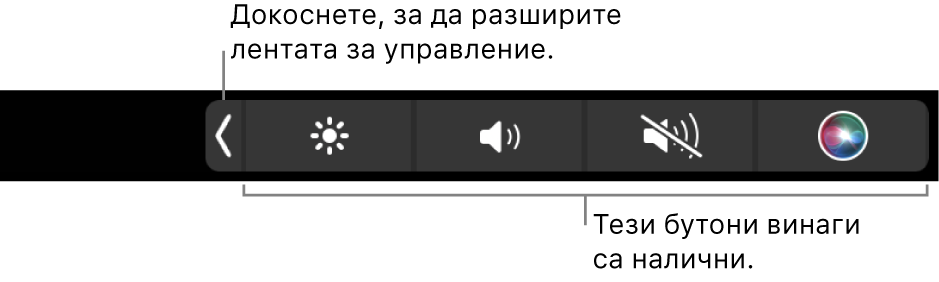 Частичен екран на лентата Touch Bar по подразбиране, който показва в умален размер Control Strip (Контролна лента) с бутоните, които винаги са налични: яркост, сила на звука и изключване на звука. Докоснете бутона за разширяване, за да видите цялата Control Strip (Контролна лента).