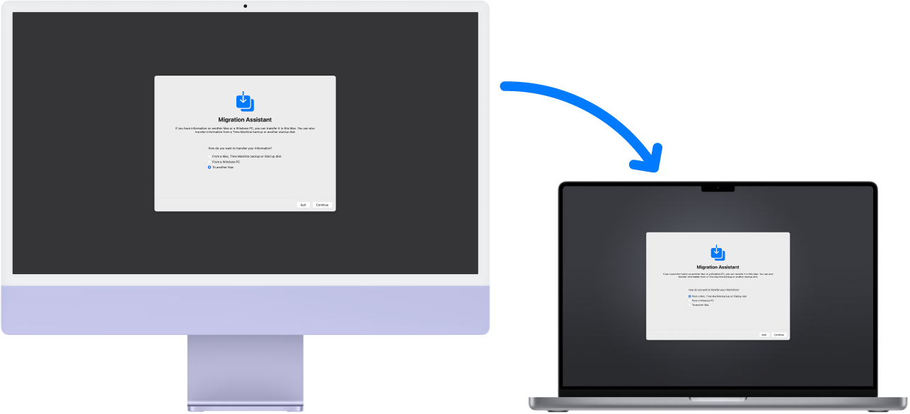 iMac a MacBook Pro zobrazující okno Průvodce přenosem dat Šipka směřující od iMacu k MacBooku Pro znamená přenos dat z jednoho zařízení do druhého