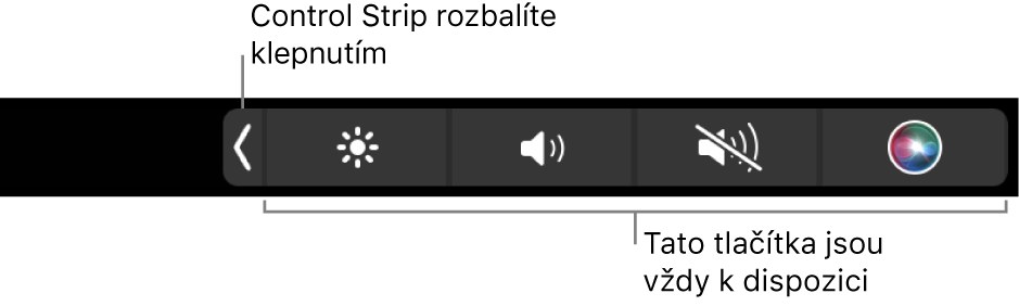 Část obrazovky s výchozím Touch Barem, na kterém se zobrazuje sbalený Control Strip s trvale dostupnými tlačítky jasu, hlasitosti a vypnutí zvuku. Klepnutím na rozbalovací tlačítko zobrazíte celý Control Strip
