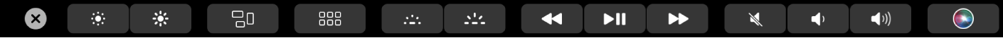 Touch Bar s otevřeným Control Stripem, který obsahuje tlačítka pro jas displeje, Mission Control, Launchpad, jas klávesnice, ovládání médií, hlasitost a Siri
