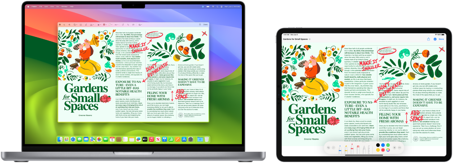En MacBook Pro og en iPad står ved siden af hinanden. MacBook Pro viser grafik i navigatorvinduet i Illustrator. iPad viser den grafik i dokumentvinduet i Illustrator, omgivet af værktøjslinjer.
