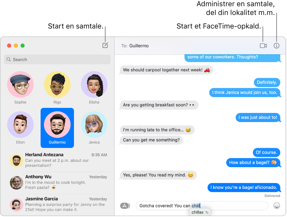 Et vindue i Beskeder, der viser, hvordan du starter en samtale og et FaceTime-opkald.