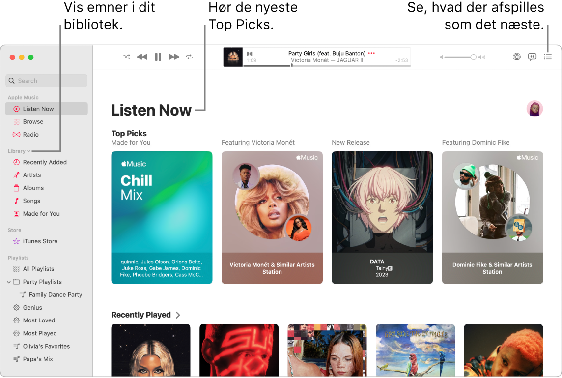 Et Musik-appvindue, der viser, hvordan du kan se dit bibliotek, lytte til Apple Music og se, hvad der afspilles som det næste.