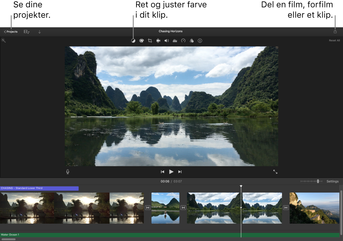 Et iMovie-vindue, der viser knapper til at få vist projekter, korrigere og justere farver og dele din film, din forfilm eller dit filmklip.