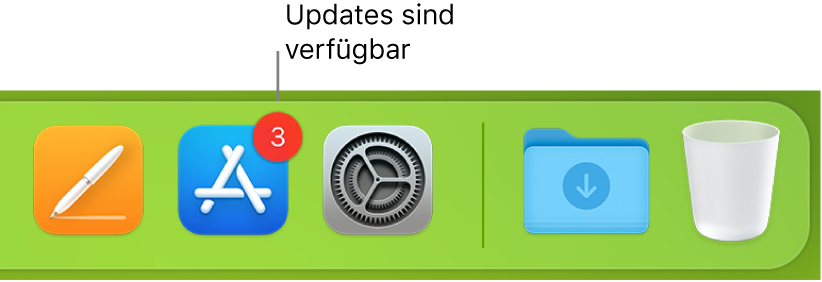 Ein Abschnitt im Dock mit dem App Store-Symbol, das mit einem Kennzeichen versehen ist, das anzeigt, dass Updates verfügbar sind