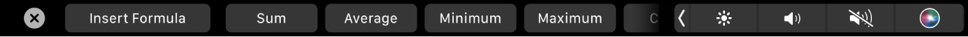 Die Numbers-Touch Bar mit angezeigten Tasten für Formeln Dazu gehören „Summe“, „Durchschnitt“, „Minimum“ und „Maximum“.
