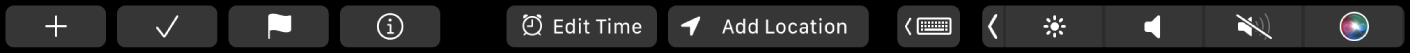 Erinnerungen-Touch Bar mit Tasten für neue Erinnerung, Häkchen, Markierung, Info, Uhrzeit und Ort.