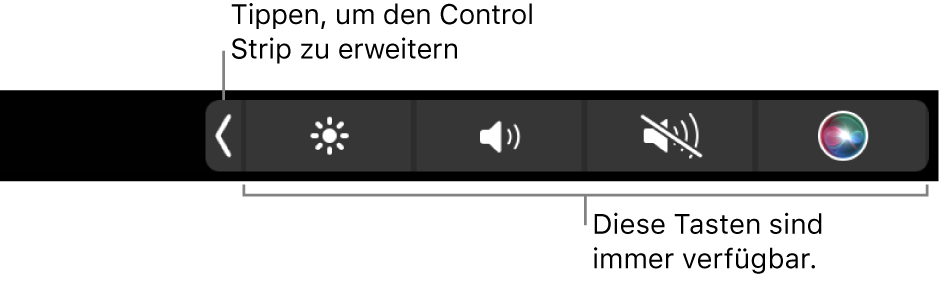 Teilbildschirm der standardmäßigen Touch Bar mit reduziertem Control Strip mit Tasten, die immer verfügbar sind: Helligkeit, Lautstärke und Stumm. Tippe auf die Tasten zum Erweitern, um den vollständigen Control Strip anzuzeigen.