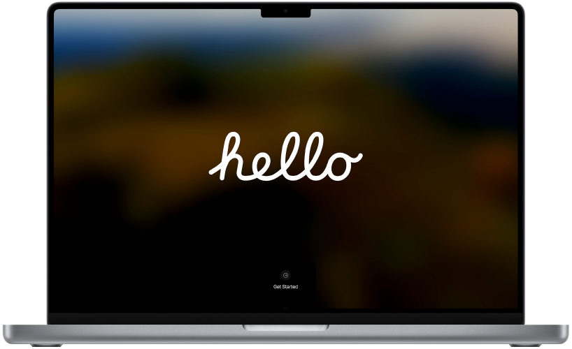 Ένα ανοιχτό MacBook Pro με τη λέξη «hello» και ένα κουμπί «Έναρξη» στην οθόνη.