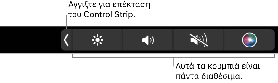 Ένα μέρος του προεπιλεγμένου Touch Bar, όπου εμφανίζεται το συμπτυγμένο Control Strip με τα κουμπιά που είναι πάντα διαθέσιμα: φωτεινότητα, ένταση ήχου και σίγαση. Αγγίξτε το κουμπί επέκτασης για εμφάνιση ολόκληρου του Control Strip.