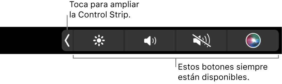 Pantalla parcial que muestra la Touch Bar predeterminada, donde se ve la Control Strip contraída con los botones siempre disponibles: brillo, volumen y silencio. Toca el botón Expandir para ver toda la Control Strip.