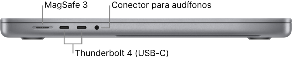 Vista lateral izquierda de una MacBook Pro de 16 pulgadas con textos que indican el puerto MagSafe 3, dos puertos Thunderbolt 4 (USB-C) y la entrada para audífonos.
