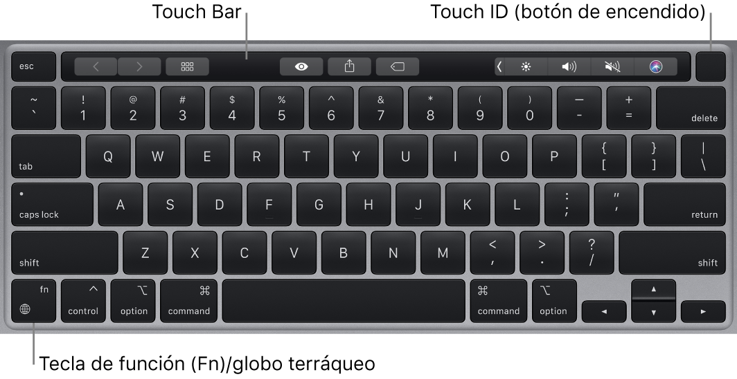 El teclado de un MacBook Pro que muestra la Touch Bar y el botón Touch ID (botón de encendido) en la parte superior, y la tecla de función (Fn)/la tecla del globo terráqueo en la esquina inferior izquierda.