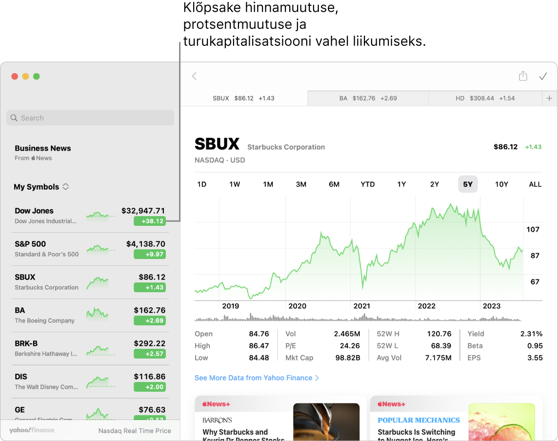 Rakenduse Stocks kuvas on toodud info ja lood valitud aktsia kohta koos väljaviigu tekstiga “Klõpsake hinnamuutuse, protsentmuutuse ja turukapitalisatsiooni vaate vahel vahetamiseks”.