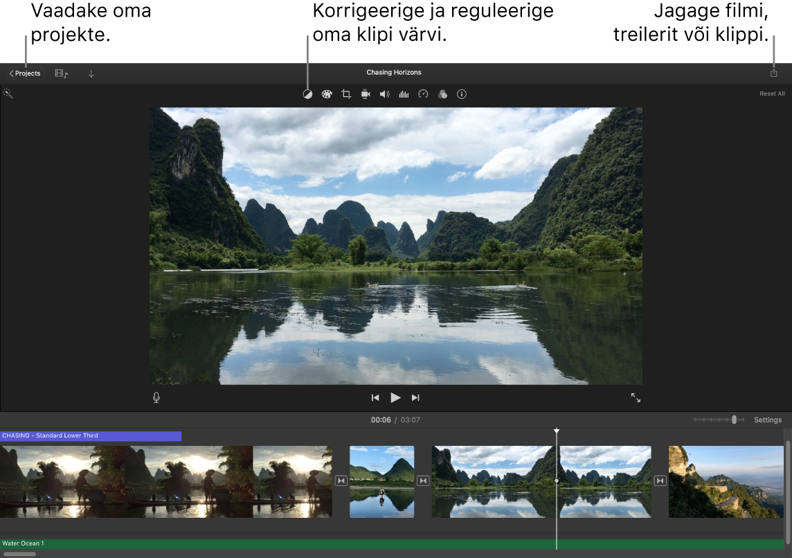 iMovie aknas kuvatakse projektide vaatamise, värvide korrigeerimise ja reguleerimise ning filmi, treileri või filmiklipi jagamise nuppe.