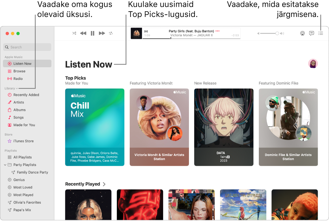 Rakenduse Music aknas näidatakse kuidas vaadata oma kogu, kuulata teenust Apple Music ning mis lugu esitatakse järgmisena.