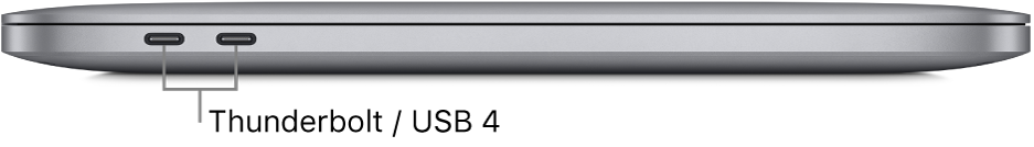 MacBook Pro vasemmalta sekä selitteet Thunderbolt / USB 4 -portteihin.
