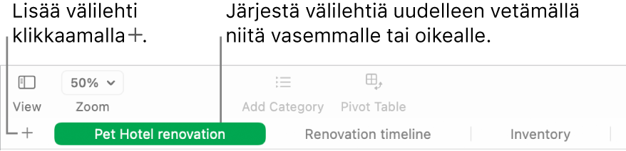 Numbers-ikkuna, jossa näkyy, miten lisätään uusi välilehti ja miten välilehdet järjestetään uudelleen.