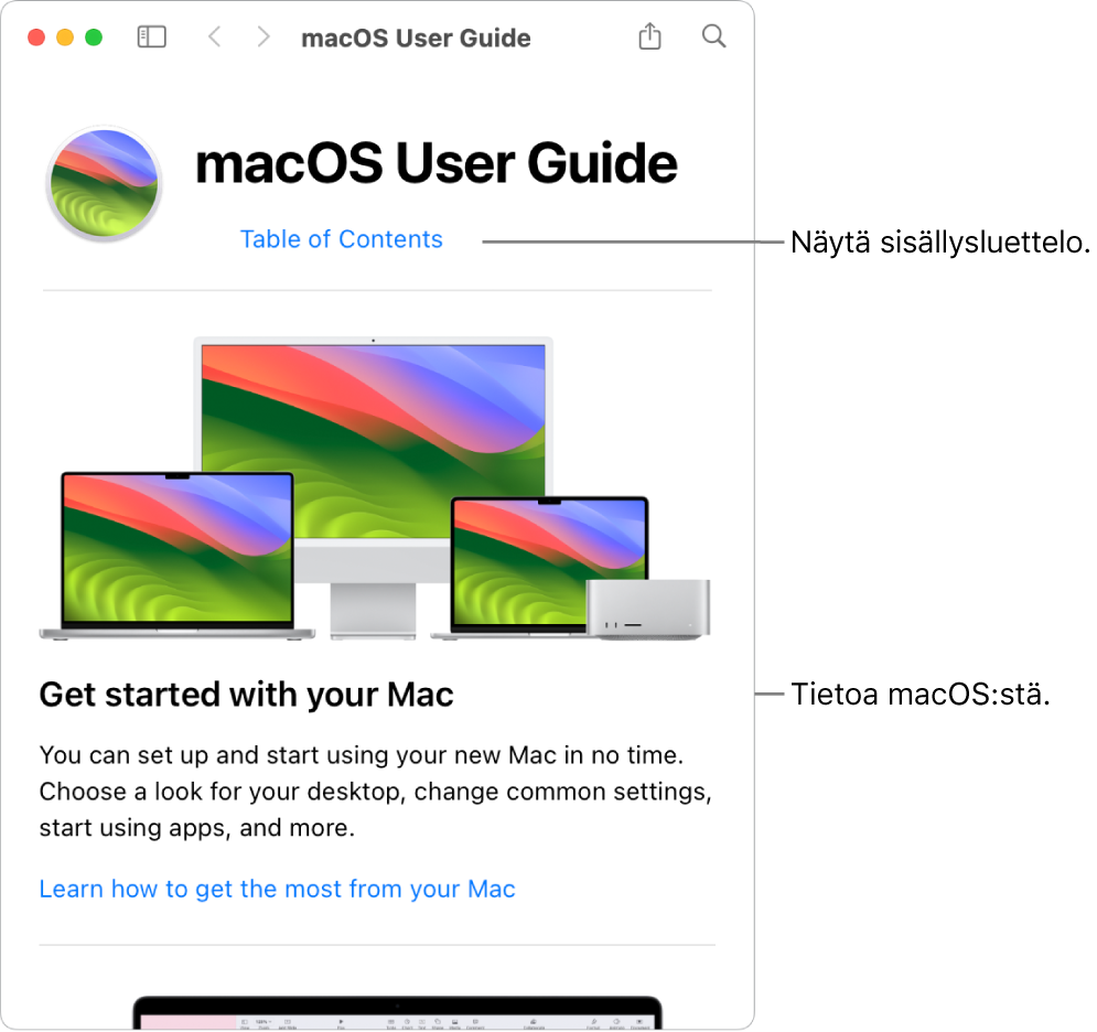 macOS:n käyttöoppaan tervetuloa-sivu, jossa näkyy Sisällysluettelo-linkki.