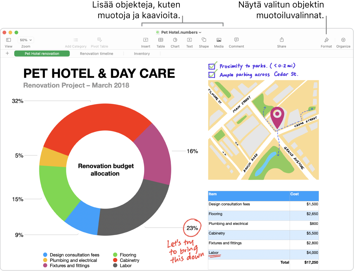 Numbers-ikkuna, jossa on ylhäällä työkalupalkki ja sen muokkaustyökalut, Tee yhteistyötä -painike ylhäällä oikealla ja Muoto- ja Järjestä-painikkeet oikealla.