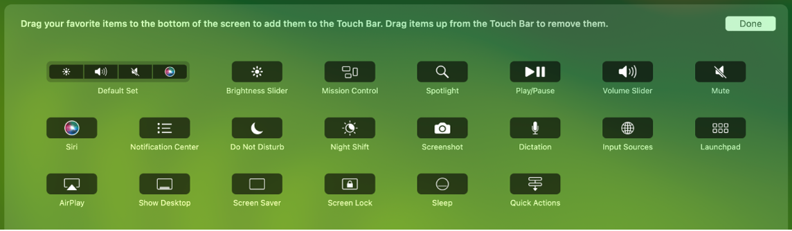 Éléments que vous pouvez personnaliser dans la Control Strip en les faisant glisser dans la Touch Bar.
