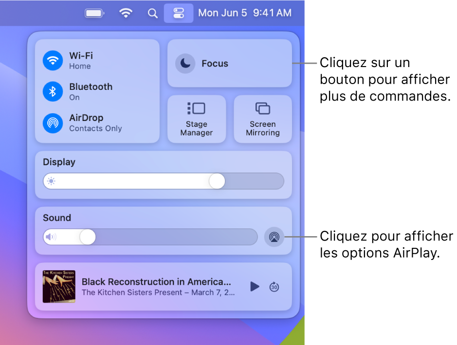 Vue rapprochée du centre de contrôle sur votre Mac avec une légende pour le bouton Moniteur.