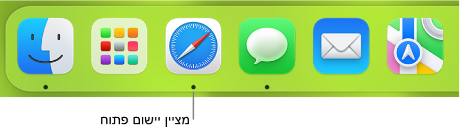 קטע מתוך ה-Dock המציג נקודות שחורות מתחת ליישומים הפתוחים.