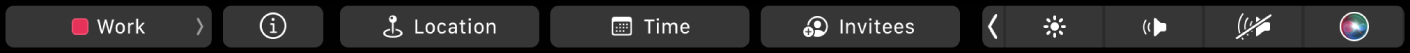 ה‑Touch Bar של ״לוח שנה״ עם כפתורים לבחירת לוח השנה, קבלת פרטי אירוע, עריכת המיקום, עריכת המועד והוספת מוזמנים.